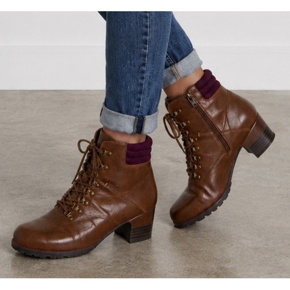 Jambu Womens Brown Leather Water Resistant Lace Up Zip Block Heel Booties 7.5M
